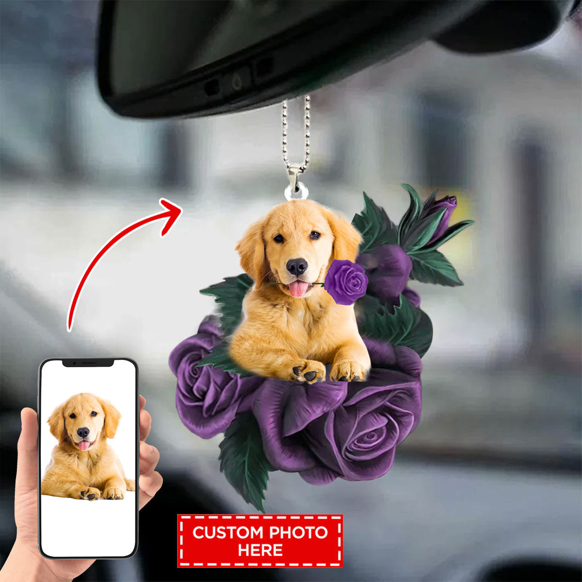 Pet Custom Photo In Purple Rose Car Hanging Ornament, Custom Dog Hanging Ornament For Car - Best gifts your whole family