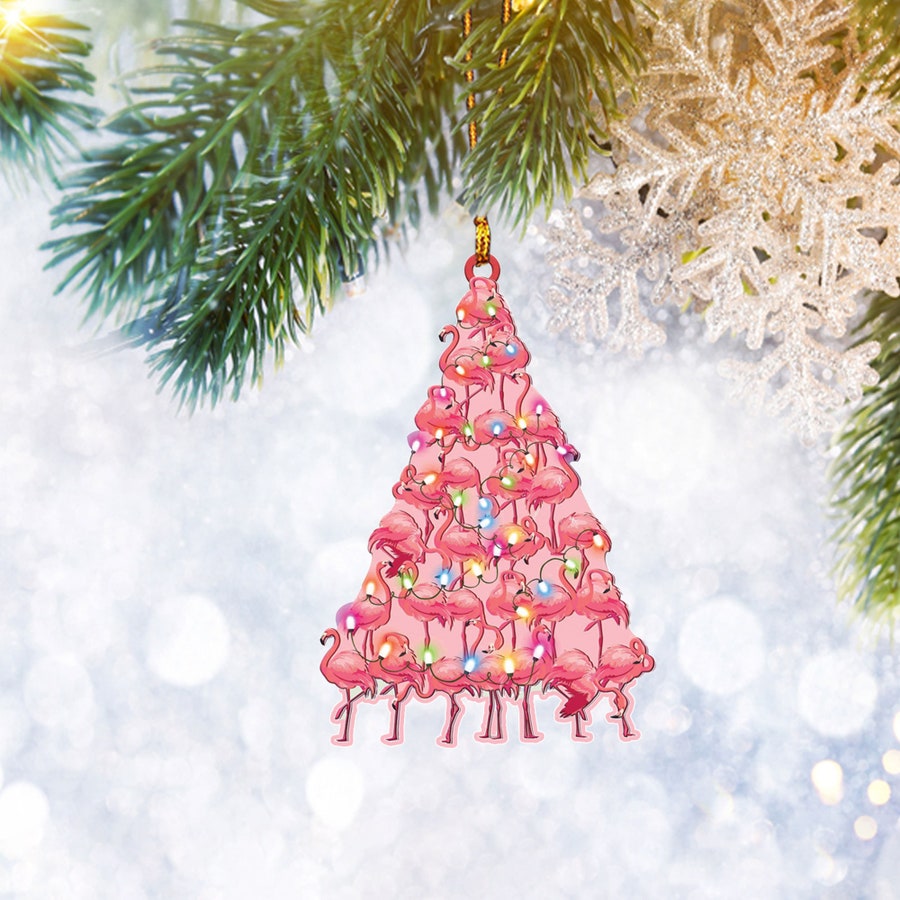Pink Flamingo Christmas Pine Tree Flat Ornament, Animal Lover Gifts, Christmas Tree Ornament, Home Decor - Best gifts your whole family