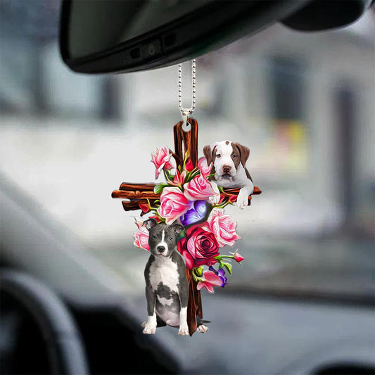 Pitbull Roses And Jesus Car Hanging Ornament Dog Ornaments Auto Car Godmerc - Best gifts your whole family