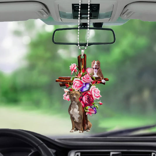 Pitbull Roses And Jesus Car Ornament Dog Ornaments For Auto Car Godmerc - Best gifts your whole family