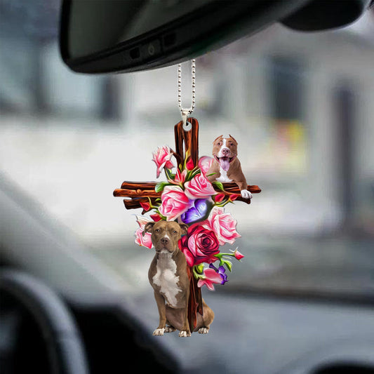 Pitbull Roses And Jesus Car Ornament Dog Ornaments For Auto Car Godmerc - Best gifts your whole family