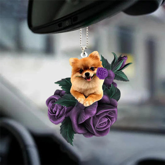 Pomeranian In Purple Rose Car Hanging Ornament - Best gifts your whole family