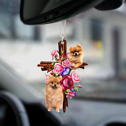 Pomeranian Roses And Jesus Car Hanging Ornament Dog Ornaments For Auto Car Godmerc - Best gifts your whole family