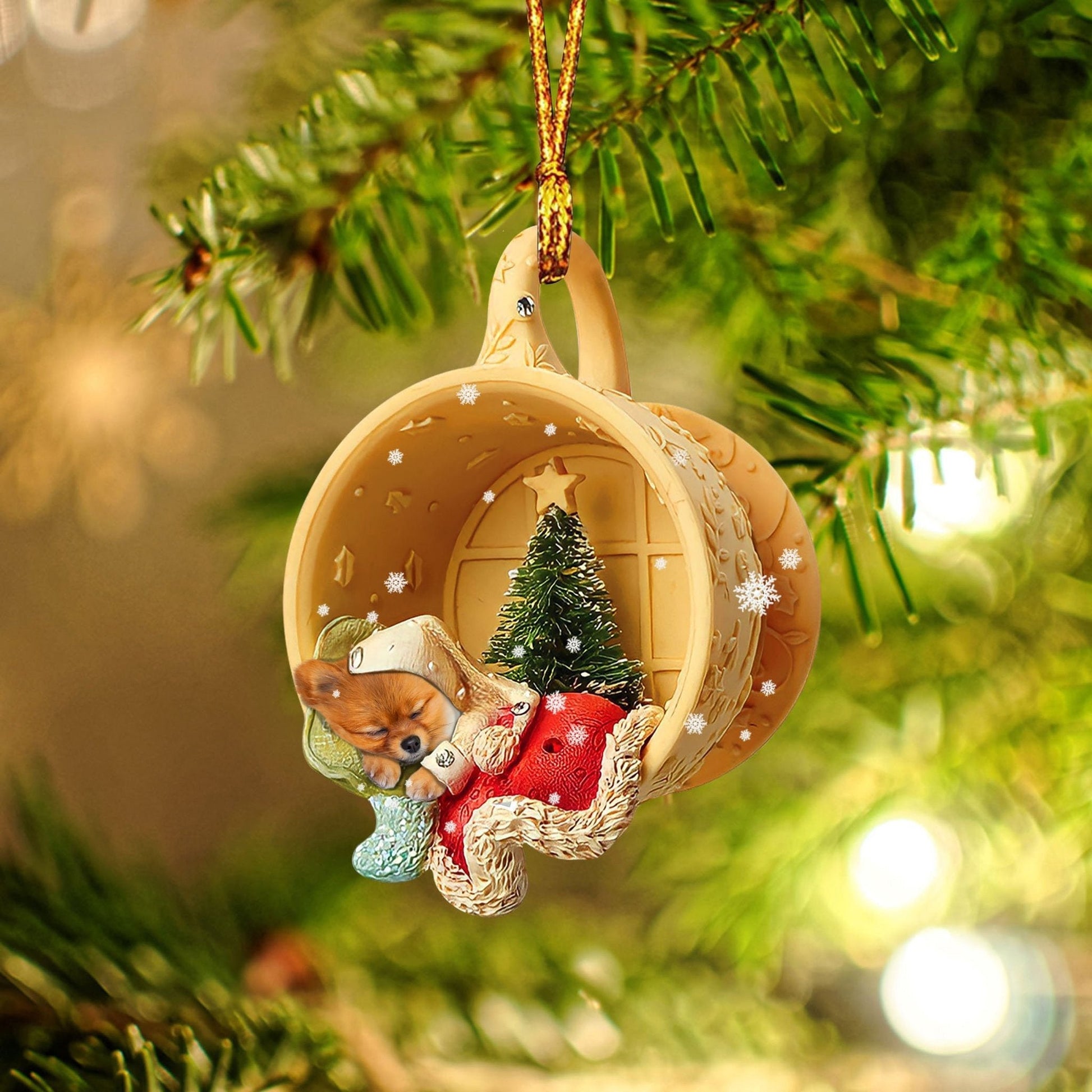 Pomeranian Sleeping in a tiny cup Christmas Holiday-Two Sided Ornament, Christmas Ornament, Car Ornament - Best gifts your whole family