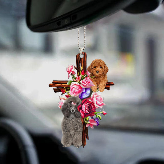 Poodle Roses And Jesus Car Hanging Ornament Best Dog Ornaments For Auto Car Godmerc - Best gifts your whole family