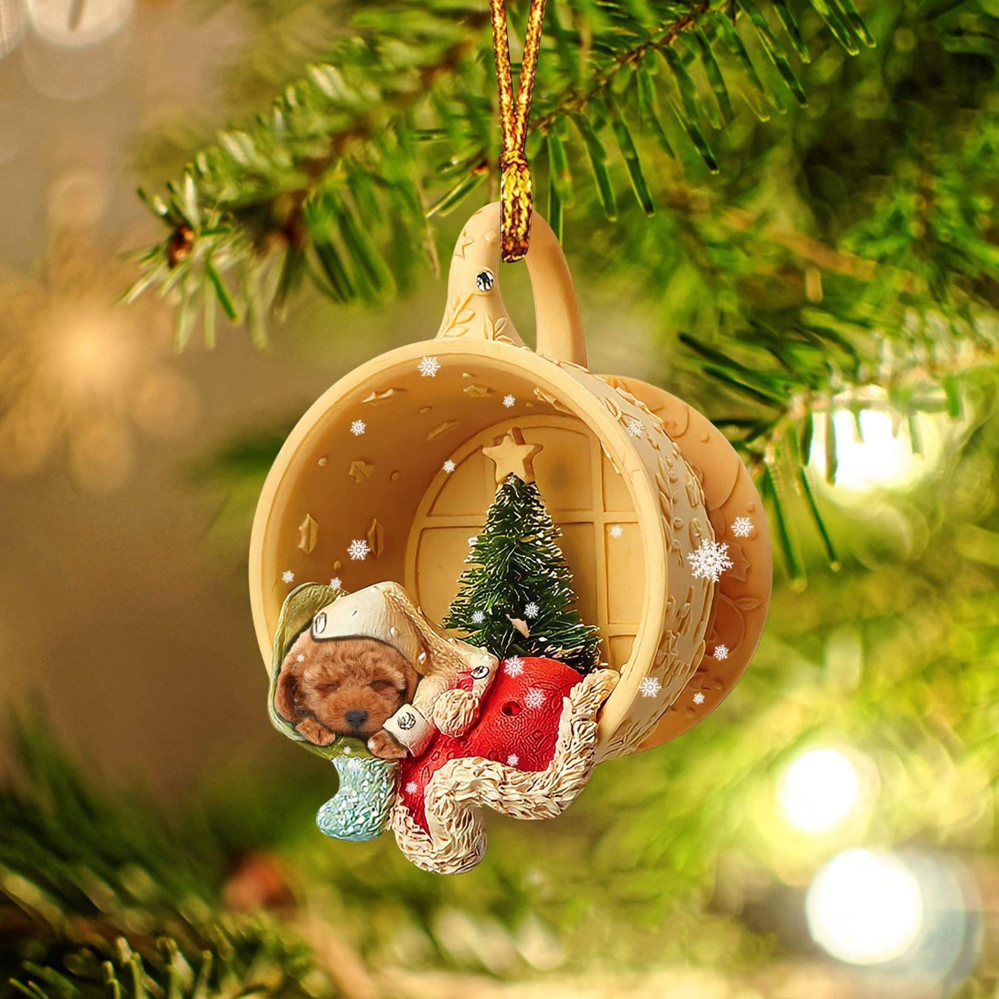 Poodle Sleeping in a tiny cup Christmas Holiday - One Sided Ornament, Car Ornament, Christmas Ornament - Best gifts your whole family