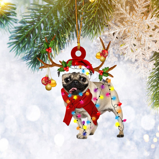 Pug Christmas Light Hat Reindeer Flat 2D Ornament, Dog Lover Gifts, Christmas Tree Ornament, Home Decor Plastic Ornament - Best gifts your whole family
