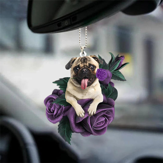 Pug In Purple Rose Car Hanging Ornament - Best gifts your whole family
