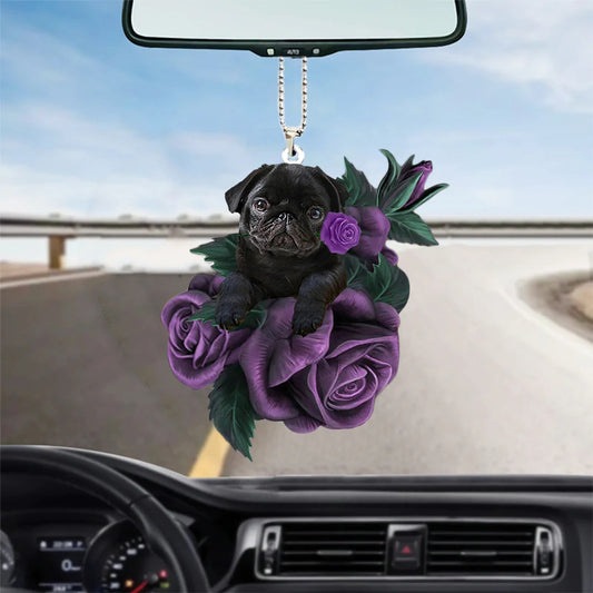Pug In Purple Rose Car Hanging Ornament, Cute Dog Hanging Ornament For My Car - Best gifts your whole family