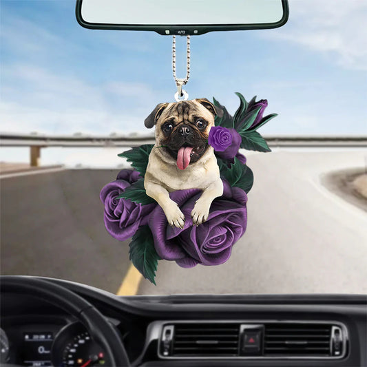 Pug In Purple Rose Car Hanging Ornament - Best gifts your whole family