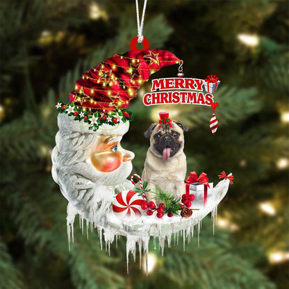 Pug On The Moon Merry Christmas Hanging Ornament - Best gifts your whole family