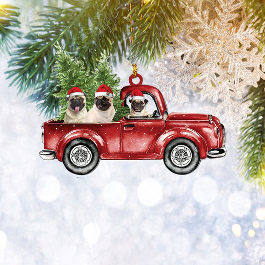 Pug Red Truck Flat 2D Christmas Ornament, Pet Dog Lover Gifts, Christmas Tree Ornament, Home Decor Plastic Ornament - Best gifts your whole family