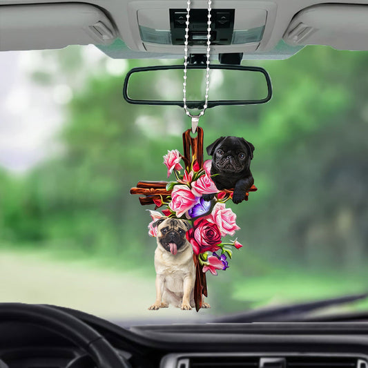 Pug Roses And Jesus Car Hanging Ornament Dog Ornaments For Auto Car Godmerc - Best gifts your whole family
