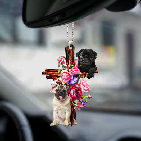 Pug Roses And Jesus Car Hanging Ornament Dog Ornaments For Auto Car Godmerc - Best gifts your whole family