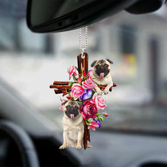Pug Roses And Jesus Car Hanging Ornament Dog Ornaments For Auto Car - Best gifts your whole family