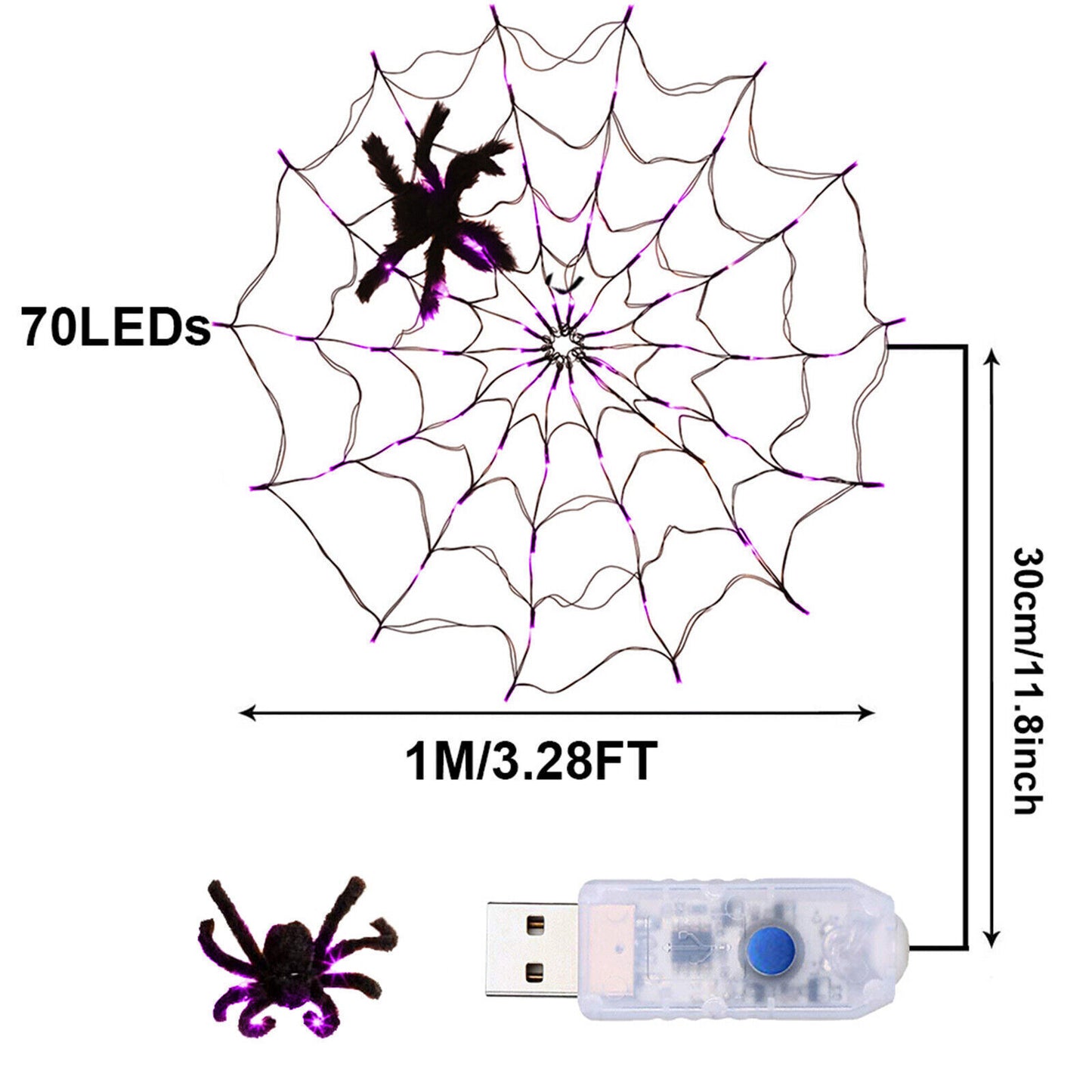 Halloween LED Black Spider Cobweb Lights 3.28FT Purple String Fairy Lights Party