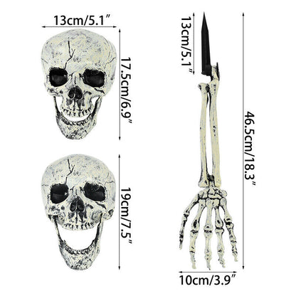 3pcs Halloween Scary Horror Skeleton Decorations Head Bones Hand Outdoor Decor