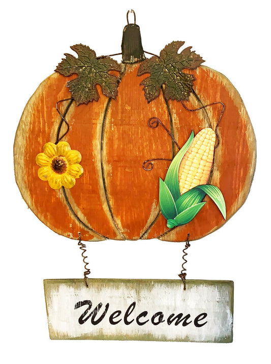 Vintage Hanging Wood Harvest Pumpkin Welcome Sign Fall Halloween Decor 17''H