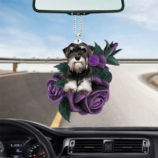Schnauzer In Purple Rose Car Hanging Ornament, Dog Hanging Car Ornament - Best gifts your whole family