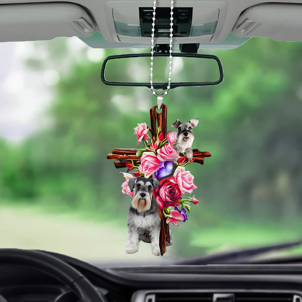 Schnauzer Roses And Jesus Car Hanging Ornament Dog Ornaments For Auto Car Godmerc - Best gifts your whole family