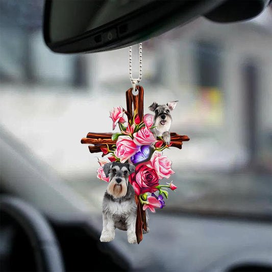 Schnauzer Roses And Jesus Car Hanging Ornament Dog Ornaments For Auto Car Godmerc - Best gifts your whole family