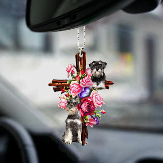Schnauzer Roses And Jesus Car Hanging Ornament Dog Ornaments For Car Godmerc - Best gifts your whole family