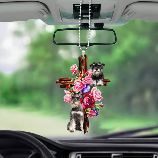 Schnauzer Roses And Jesus Car Hanging Ornament Dog Ornaments For Car Godmerc - Best gifts your whole family