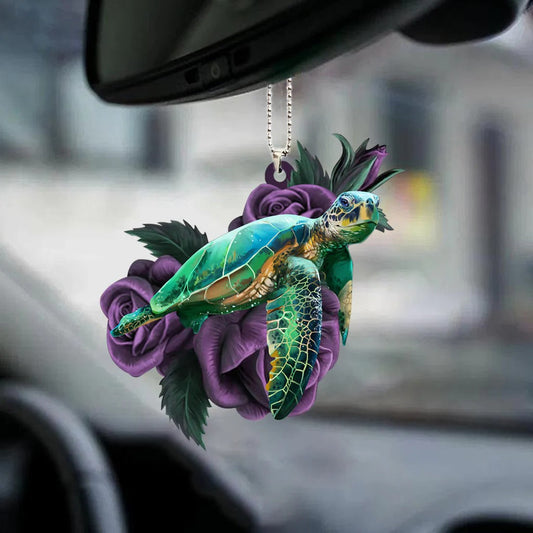 Sea Turtle On Purple Rose Car Hanging Ornament Sea Turtle Acrylic Ornament Two Sides - Best gifts your whole family