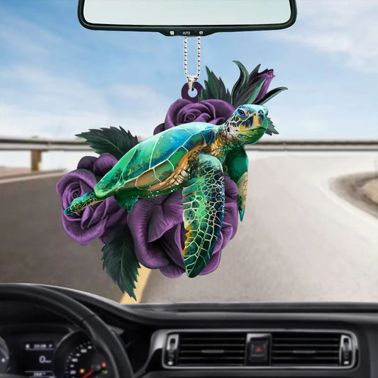 Sea Turtle On Purple Rose Car Hanging Ornament Sea Turtle Acrylic Ornament Two Sides - Best gifts your whole family