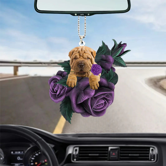 Shar Pei In Purple Rose Car Hanging Ornament - Best gifts your whole family