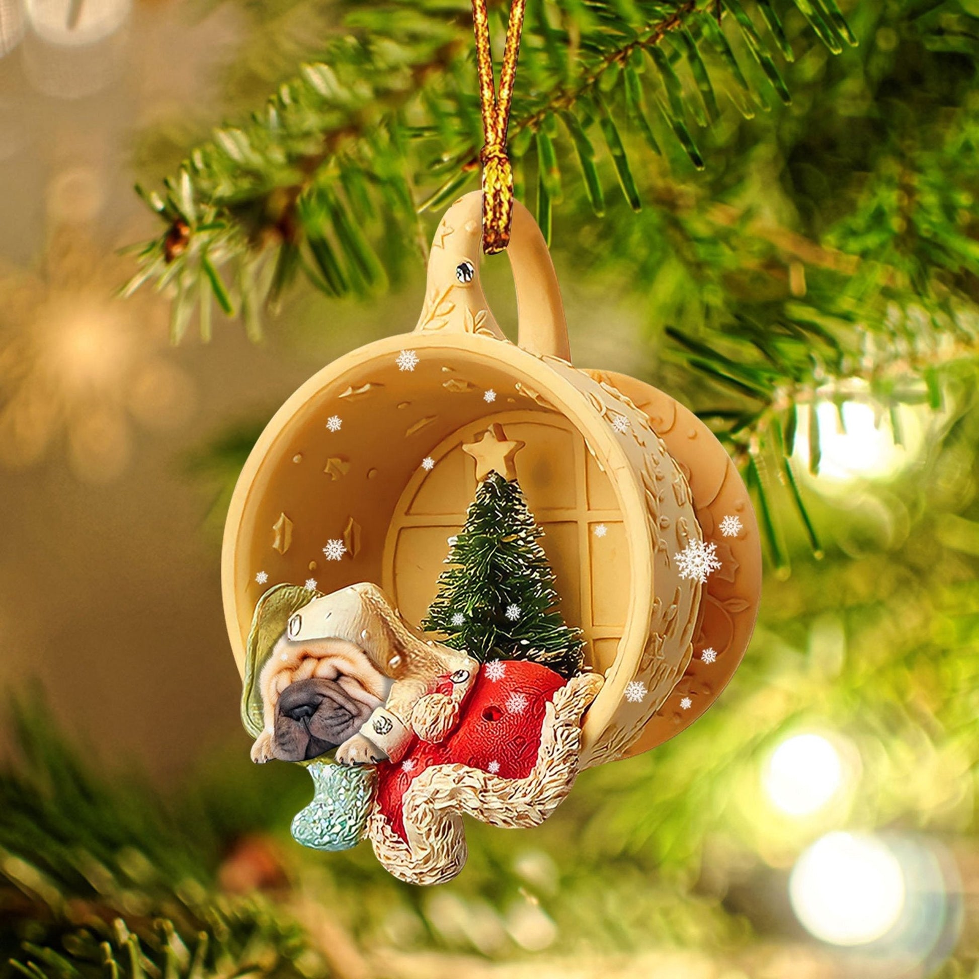 Shar Pei Sleeping in a tiny cup Christmas Holiday-Two Sided Ornament, Christmas Ornament, Car Ornament - Best gifts your whole family