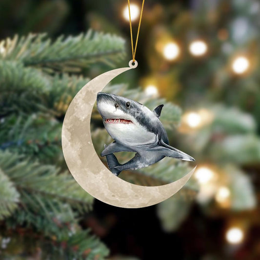 Shark Sits On The Moon Hanging Ornament, Animal Christmas Ornaments - Best gifts your whole family