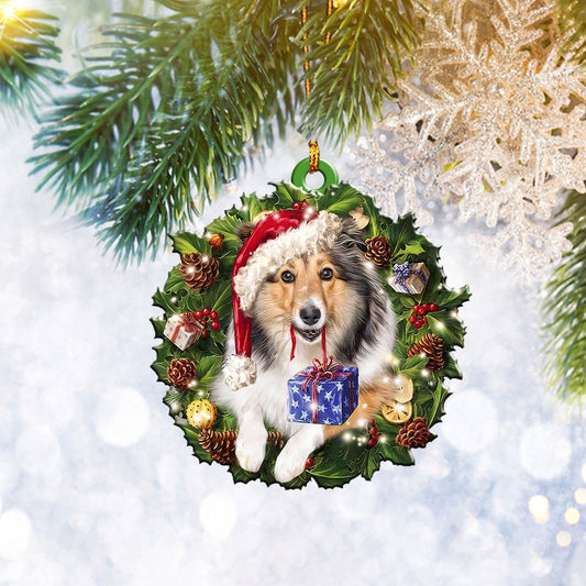 Sheltie Wearing Christmas Wreath Flat 2D Ornament, Dog Lover Gifts, Christmas Tree Ornament, Home Decor Plastic Ornament - Best gifts your whole family