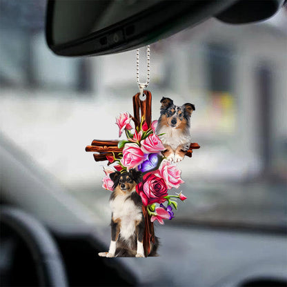 Shetland Sheepdog Roses And Jesus Car Hanging Ornament Dog Ornaments For Auto Godmerc - Best gifts your whole family