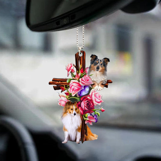 Shetland Sheepdog Roses And Jesus Car Hanging Ornament Dog Ornaments For Car Godmerc - Best gifts your whole family
