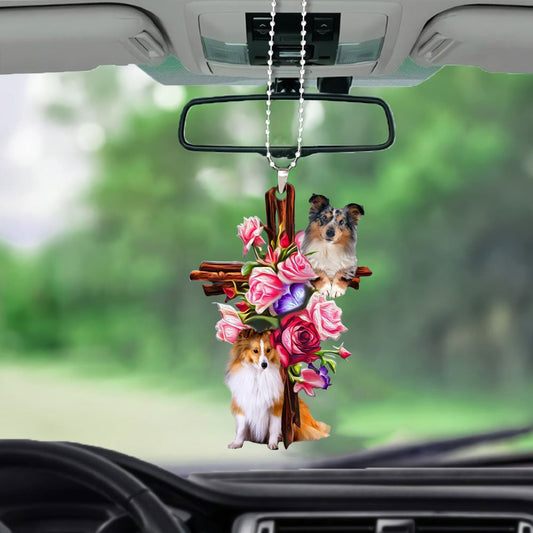 Shetland Sheepdog Roses And Jesus Car Hanging Ornament Dog Ornaments For Car Godmerc - Best gifts your whole family