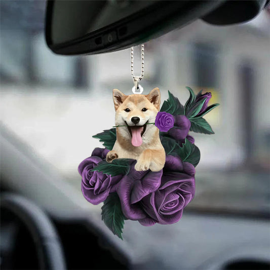 Shiba Inu In Purple Rose Car Hanging Ornament, Dog Hanging Car Ornament - Best gifts your whole family