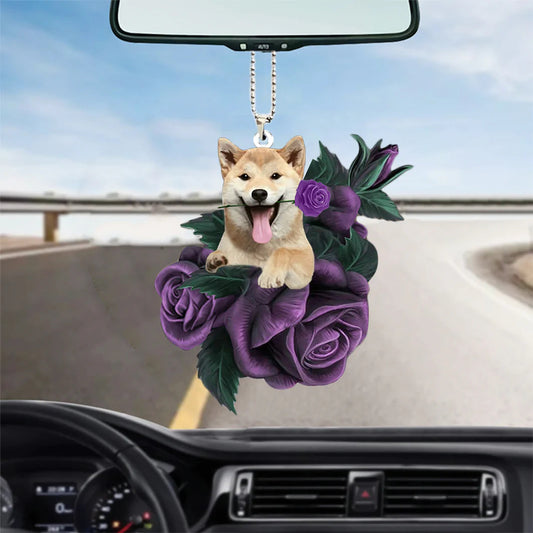Shiba Inu In Purple Rose Car Hanging Ornament, Dog Hanging Car Ornament - Best gifts your whole family