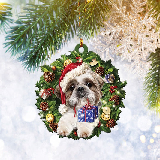 Shih Tzu Christmas Wreath Ornament Flat 2D, Pet Cat Lover Gifts, Christmas Tree Ornament, Home Decor Plastic Ornament - Best gifts your whole family