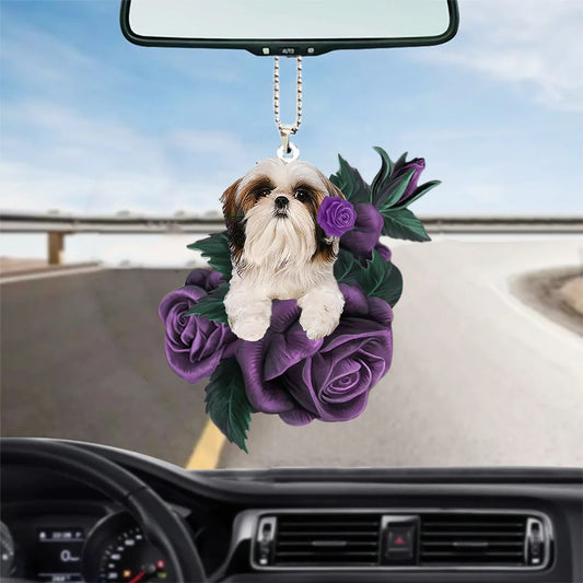 Shih Tzu In Purple Rose Car Hanging Ornament, Car Ornament For Pet Lovers - Best gifts your whole family