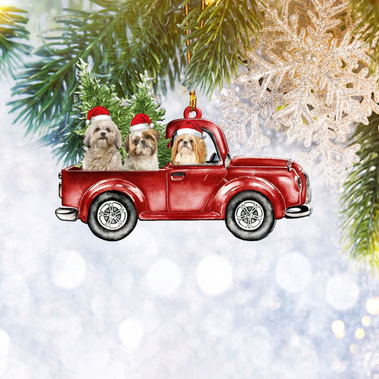 Shih Tzu Red Truck Flat 2D Christmas Ornament, Pet Dog Lover Gifts, Christmas Tree Ornament, Home Decor Plastic Ornament - Best gifts your whole family