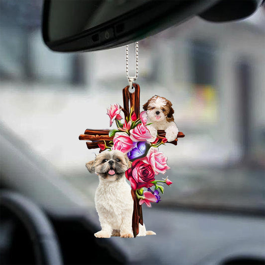 Shih Tzu Roses And Jesus Car Hanging Ornament Dog Decor Ornaments For Auto Car Godmerc - Best gifts your whole family