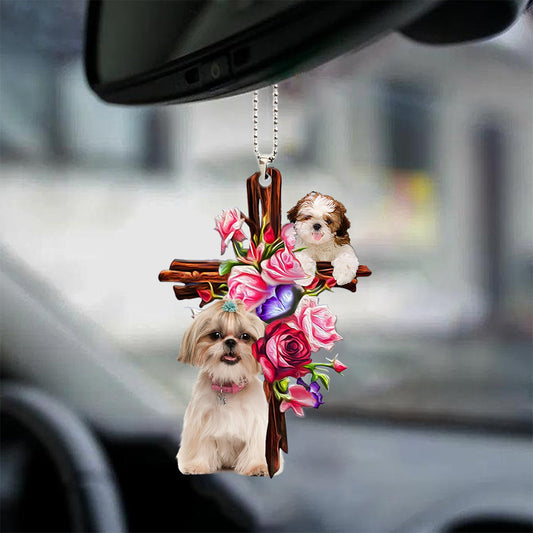 Shih Tzu Roses And Jesus Car Hanging Ornament Dog Interior Ornaments For Auto Car Godmerc - Best gifts your whole family