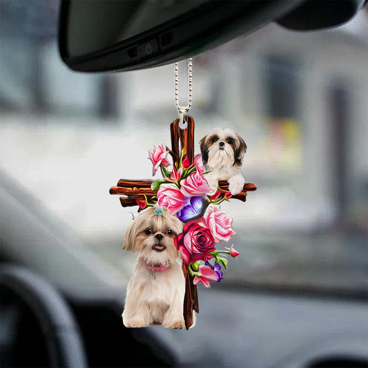 Shih Tzu Roses And Jesus Car Hanging Ornament Dog Ornaments For Auto Car - Best gifts your whole family