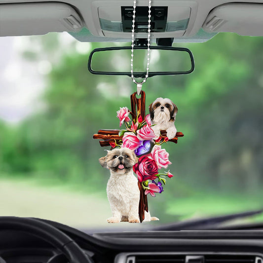 Shih Tzu Roses And Jesus Car Hanging Ornament Dog Ornaments For Auto Car Godmerc - Best gifts your whole family