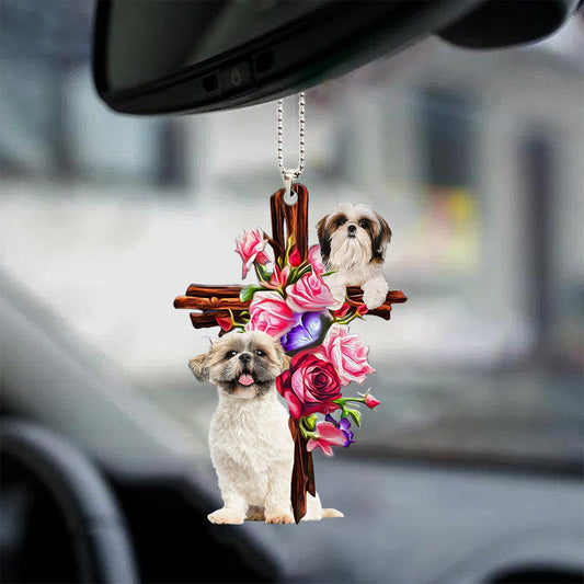 Shih Tzu Roses And Jesus Car Hanging Ornament Dog Ornaments For Auto Car Godmerc - Best gifts your whole family