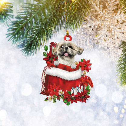 Shih Tzu Santa Christmas Gift Bag Flat 2D Ornament, Dog Lover Gifts, Christmas Tree Ornament, Home Decor - Best gifts your whole family