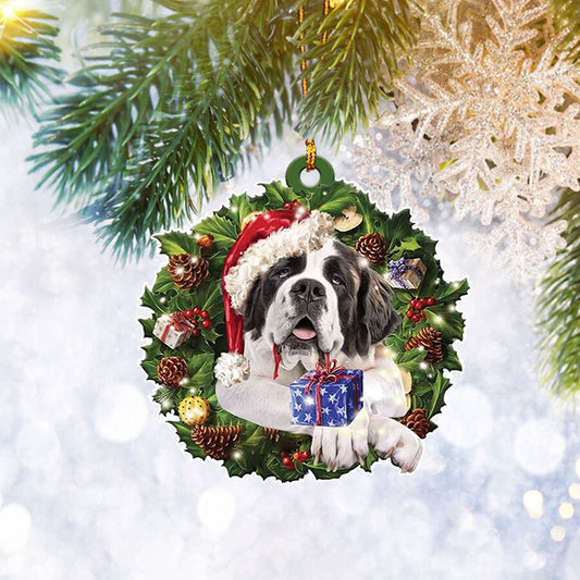 St. Bernard Christmas Wreath Flat 2D Ornament, Dog Pet Lover Gifts, Christmas Tree Ornament, Home Decor Plastic Ornament - Best gifts your whole family