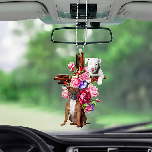 Staffordshire Bull Terrie Roses And Jesus Car Hanging Ornament Dog Ornaments For Auto Car - Best gifts your whole family