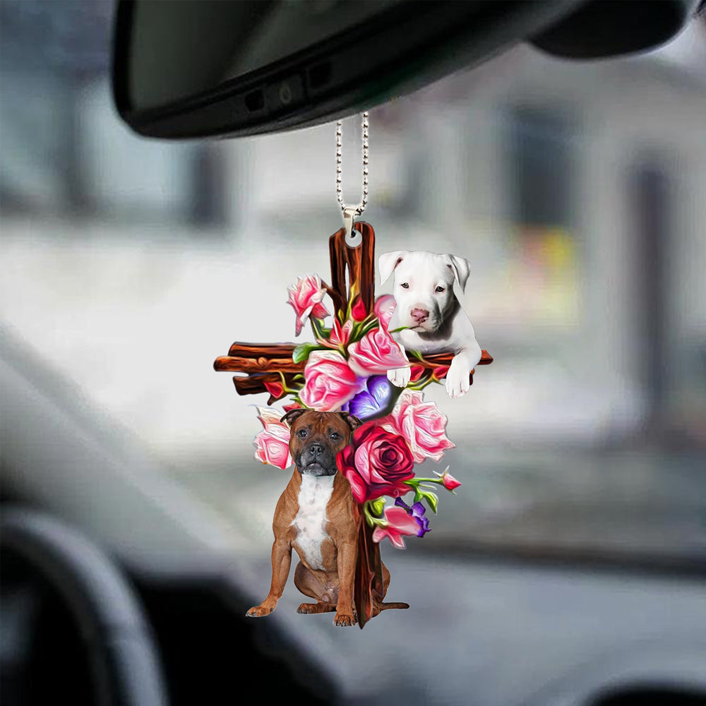 Staffordshire Bull Terrie Roses And Jesus Car Hanging Ornament Dog Ornaments For Auto Car - Best gifts your whole family